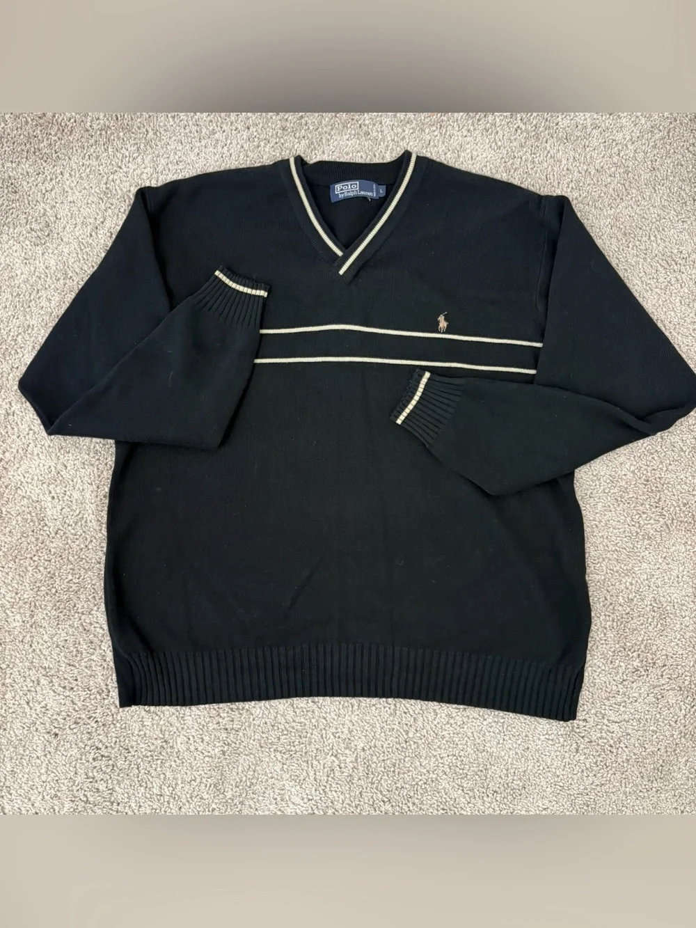 Vintage Polo by Ralph Lauren Black + Gold V-Neck Sweater with Contrast Stripes